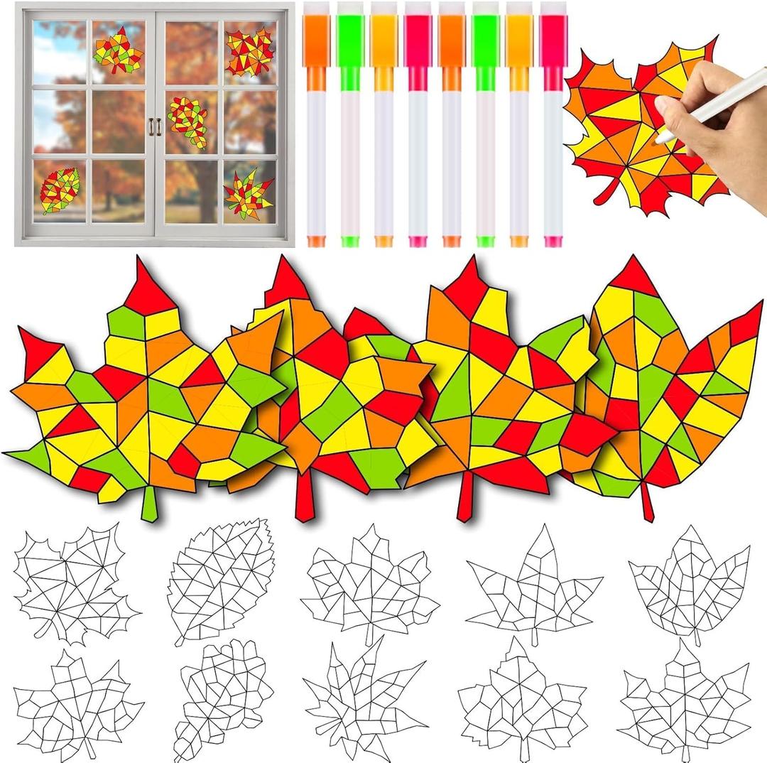 Qyeahkj 30pcs Fall Thanksgiving Maple Leaves Suncatchers Crafts Kit for Kids, DIY Fall Arts Crafts Coloring Autumn Window Clings Stickers with 8 Painting Markers for Home Classroom Party Decorations