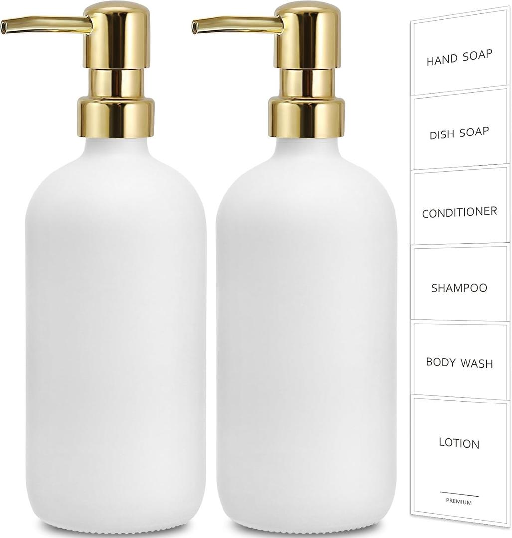 GMISUN White Soap Dispenser, 2 Pack Glass Hand Soap Dispensers Bathroom with Gold Pump, 17 Fl Oz Dish Soap Dispenser Set for Kitchen, Refillable Modern Liquid Soap and Lotion Dispensers Bottle