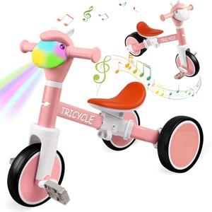 Toddler Balance Bike with Light & Music, Tricycle for Toddlers 1-5 Year Olds, Toddler Tricycle for Boys Girls, Kids Bicycle with Removable Pedal, Birthday Gifts for 1 2 3 4 5 Year