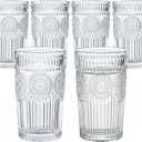 Kingrol Embossed Vintage Drinking Glasses Set of 6, 12 oz Textured Glass Tumblers, Clear Retro Water Glasses for Iced Coffee, Juice, Cocktails & Everyday Use