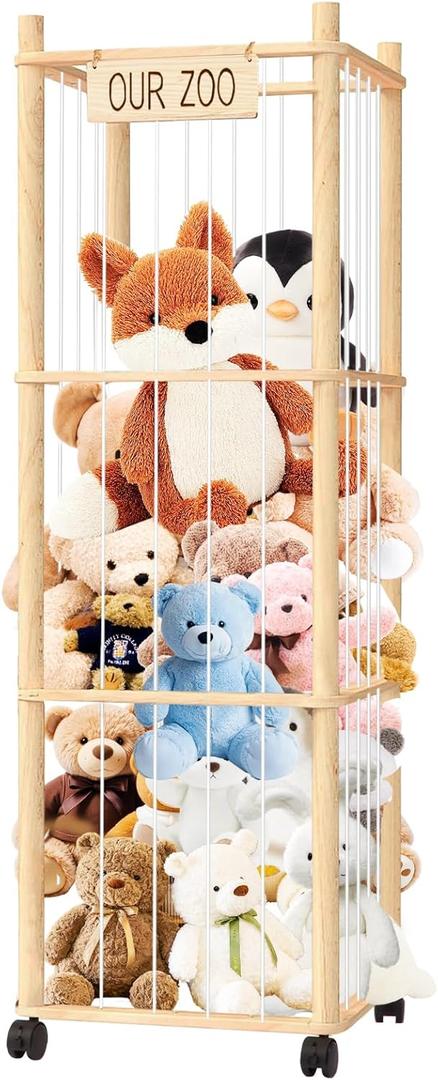 PHOKID 56In Animal Storage Zoo Tower with Wheels, Large Wooden Stuffed Animal Organizer with Elastic Band & Mesh Bottom, Toy Storage for Plushies in Playroom, Bedroom, Nursery