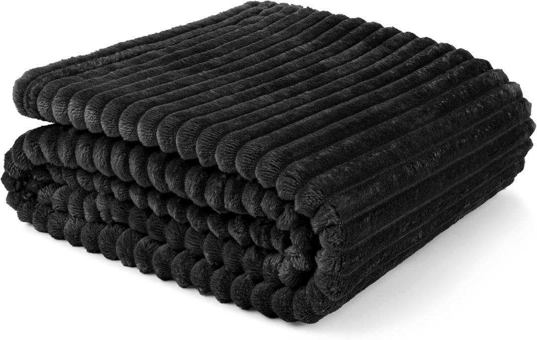 PAVILIA Super Soft Fleece Throw Blanket Twin Black, Fuzzy Plush Flannel Throw, Warm Cozy Ribbed Microfiber Blanket for Sofa Couch Bed, Lightweight Striped Blanket, Black, 60x80