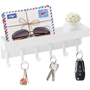 VIS'V Magnetic Key Holder Wall Mount, Compact Metal Key Rack with Tray, 6 Hooks, 2 Mount Options, White