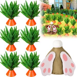 HyDren 18 Set Easter Carrots Yard Decor with Digging Bunny Fade Resistant DIY Fake Ferns Carrots Yard Stake Easter Garden Decor Outdoor Lawn Sign for Spring Home Lawn Garden Decoration Party Supplies