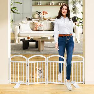 Snughome Short Dog Gate Indoor, 19.69" H Freestanding Small Dog Door Gates with Support Feet, Expands Up to 48" Wide Foldable Pet Gates for Doorway, 4 Panel Folding Pet Door Pet Fence for Puppy, White