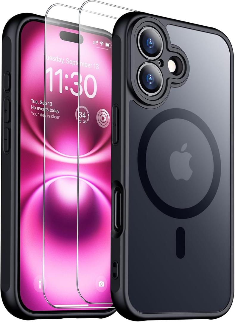 SPIDERCASE Designed for iPhone 16 Case, Magnetic Translucent [2+Full Coverage Tempered Glass Screen Protector] [Full Camera Protection] Anti-Fingerprint Anti-Scratch for iPhone 16 6.1, Black