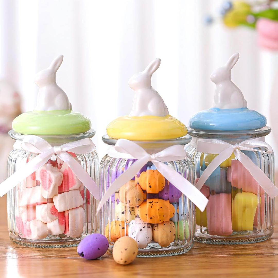 Potchen 3 Pcs Easter Candy Jars with Cap 7.8 oz Bunny Rabbit Shape Clear Candy Jar Decorative Food Storage Canister with Airtight Ceramic Lid for Home Easter Party Kitchen Countertop Decor