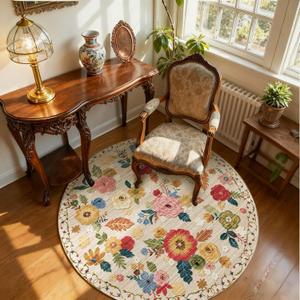4ft Washable Round Rugs for Bedroom: Circle Living Room Rug Floral Vintage Non Slip Low Pile Soft Faux Wool Non Shedding Small Circular Rug for Kitchen Entryway Bathroom Bedside Office Dorm Kids Room