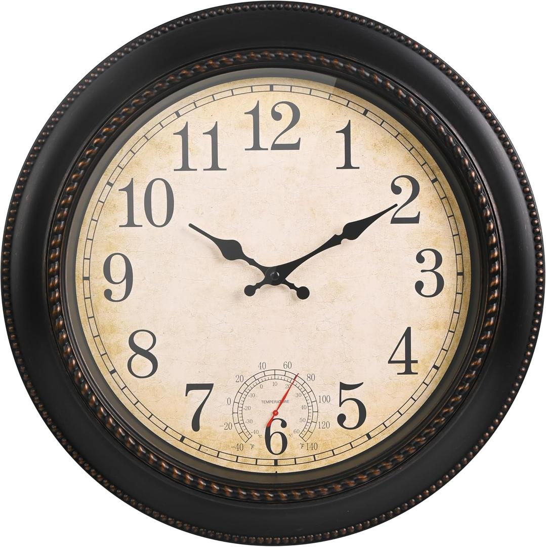 Outdoor Clock 18 Inch Large Wall Clocks with Thermometer for Living Room Patio Pool Garden-Retro Style (Bronze)