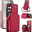 Phone Case for Samsung Galaxy S24 5G Wallet Cell Cover with Tempered Glass Screen Protector Wrist Crossbody Strap Lanyard Stand RFID Blocking Credit Card Holder S 24 24S G5 SM-S921U Women Girls Red