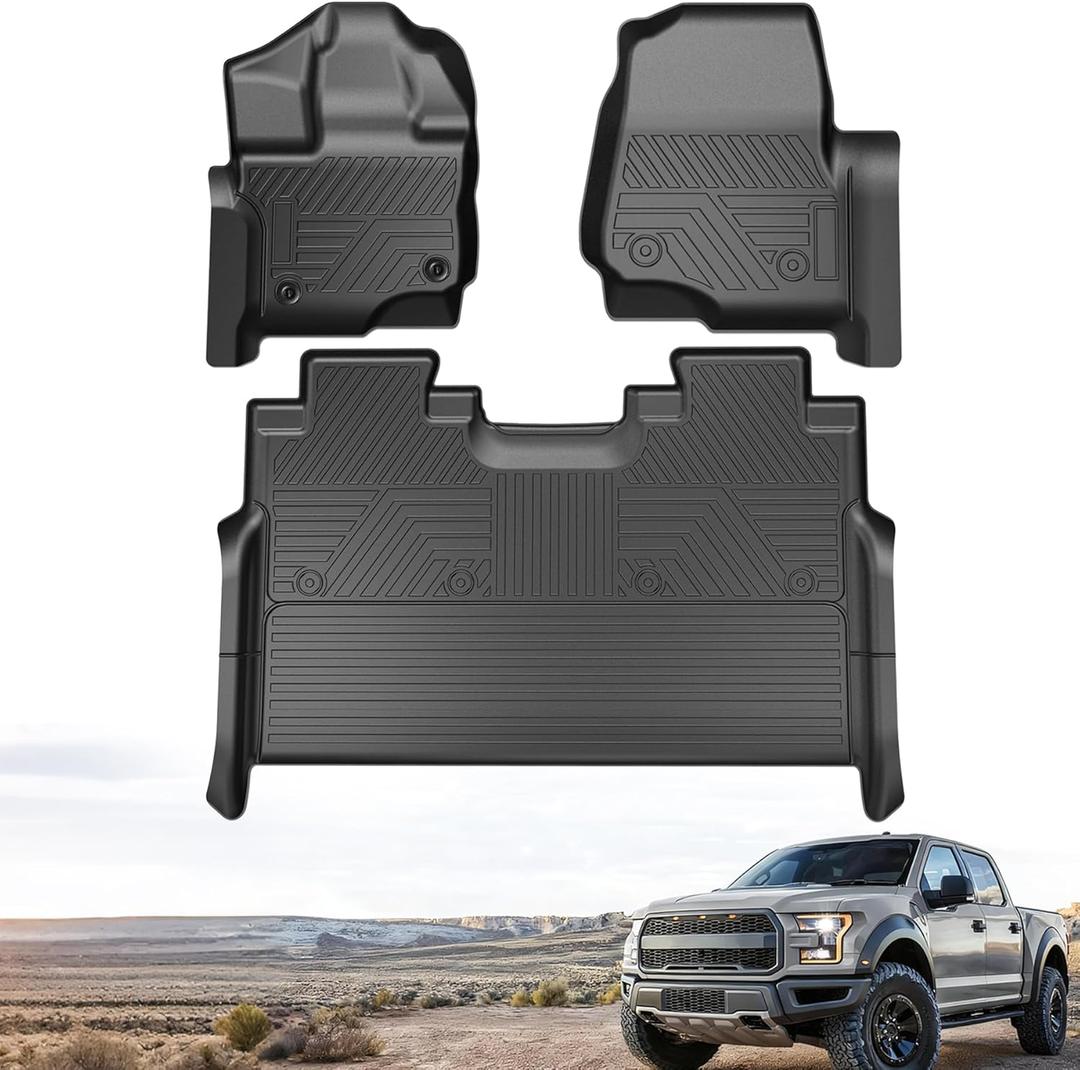 Floor Mats for Ford F-150 2015-2025 | F150 Lightning 22-24 SuperCrew (Rear w/o Fold Flat Storage), All Weather Protection Truck Mats Custom Car Liners Accessories, Front and Rear Row