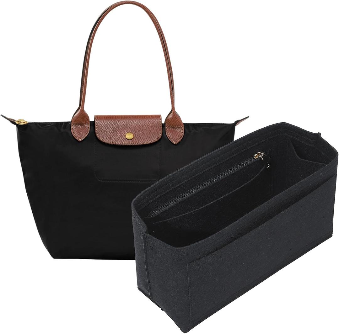 Lighweight Purse Organizer Insert for Longchamp Le Pliage M Tote Bag, Premium Felt Long Champ Medium Tote Divider with Cup Holder,Bags Storage Shaper with 8 Deepened Pockets,M/Black