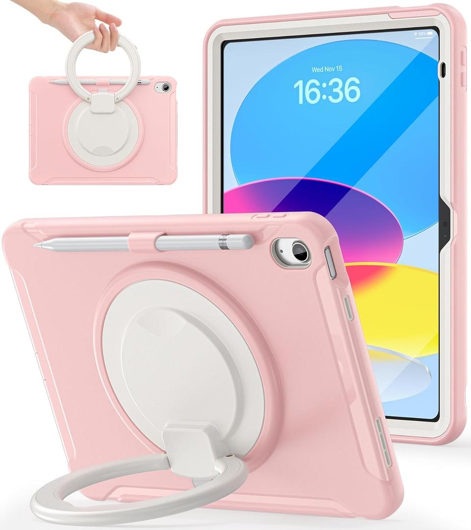 BATYUE Shockproof Case for iPad 10th Gen 10.9" 2022 / 11th Gen (A16) 11" 2025 | 360 Multi-Angle Stand (Portrait & Landscape) & Grip, Built-in Screen Protector, Pencil Holder, Pink