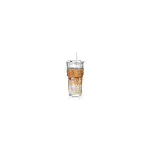 AUFXKOO 20oz Ribbed Glass Cups with Lids and Straws,1 Pack Glass Tumbler with Straw and Lid,Drinking Glasses for Iced Coffee Cups,Juice,Smoothies