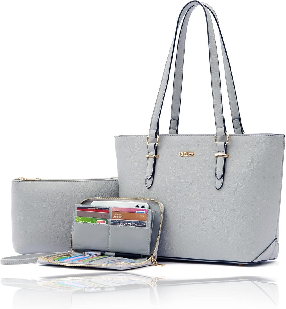 Purses And Wallets Set For Women Work Tote Satchel Handbags Shoulder Bag Top Handle Totes Purse With Matching Wallet (A102-3pcs/Set Grey)