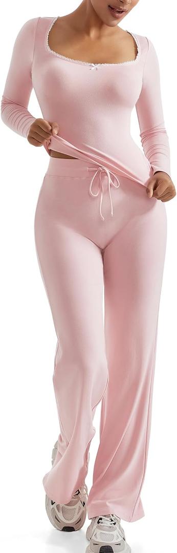 OMKAGI Womens Lounge Set Lace Square Neck Long Sleeve Tops Wide Leg Pants 2 Piece Outfits (Pink, XL)
