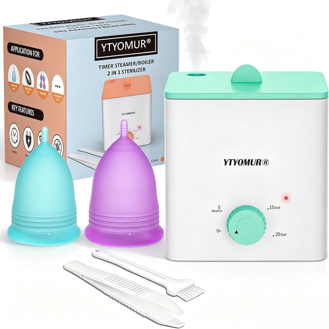 YTYOMUR Menstrual Cups with Sterilizer, 2 Reusable Period Cups for Women, Tampon and Pad Alternative, Feminine Cup with Cleaner Set (Green)