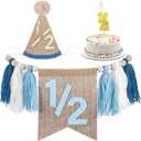 Silipull 1/2 Birthday Supplies Includes Half Birthday High Chair Banner and Hat Gold Candle Cake Topper 6 Months Tassel Wood Bead Highchair Garland(Blue)