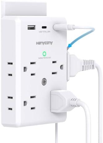 Multi Plug Outlet Extender with PD30W USB C Fast Charging, HANYCONY 3-Sided Power Strip with 900J Surge Protector, 8 Outlet Splitter and 3 USB Ports for Smart Home Office Travel Dorm Room, ETL Listed