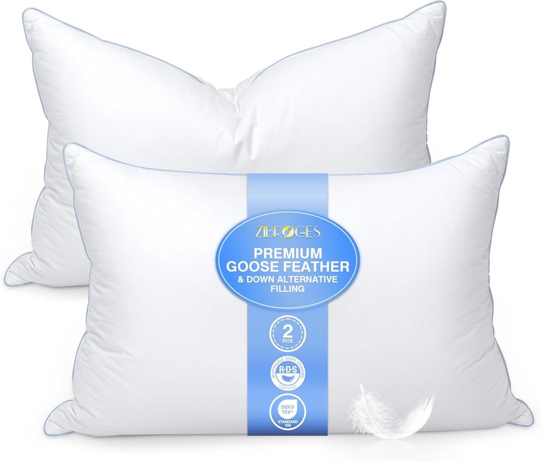Goose Feather Pillows Queen Size Pack of 2 - Down Hotel Bed Pillows for Sleeping, Soft 600 Thread Count Cotton Cover, Fluffy Support Surround Fill Polyester for Side, Back, Stomach Sleepers