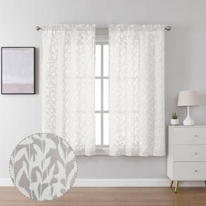 Lecloud Leia 2 Panels Sheer Ivory Curtain 54 Inch Length, Light Reducing Jacquard Textured Leaf Voile Bedroom Curtain, Gauzy Clip Short Drapes with Dual Rod Pocket, 40 W x 54 L