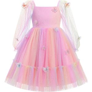 Kids Girls Birthday Party Long Sleeve Star Glitters Tulle Tutu Dress 3D Butterfly Star Sequins Ruffle Dress, 7-8Yrs