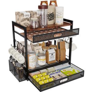 Coffee Bar Organizer Station with CoffeePod Drawer, Mug Cup Holder, and Tea Condiment Storage for Countertop Organizer CoffeeBar Accessories for Kitchen, Home, Office
