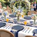 KIRE 140Pcs Blue Plastic Plates with Gold Rim - Gold Disposable Plastic Silverware with Blue Handle&Clear Cups&Hand Napkin - Geometric Party Plates for Memorial Day/Party/Graduation