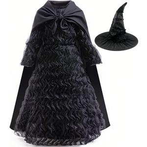 Elphaba Costume Dress for Girls Halloween Cosplay Birthday Party Outfit With Cape and Witch Hat (5-6 Years(120), Black)