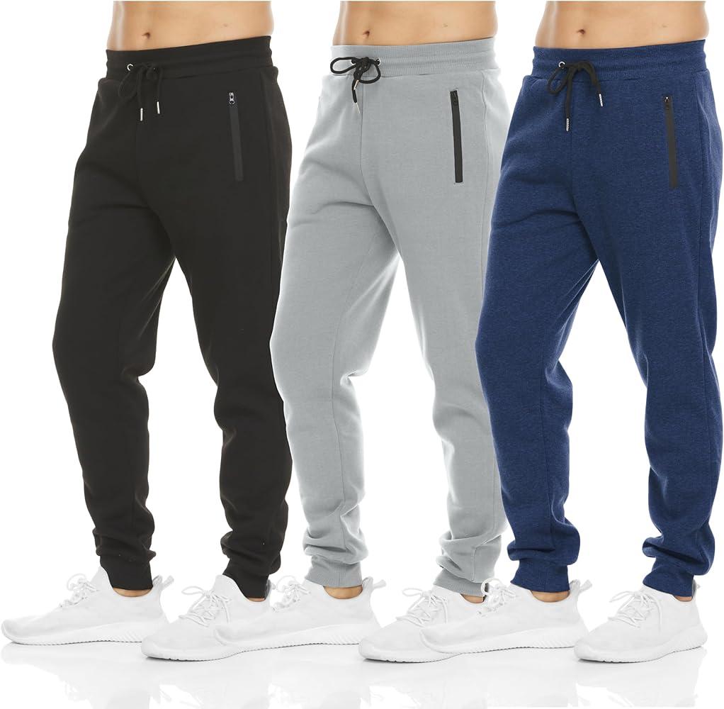 PURE CHAMP Mens 3 Pack Fleece Active Athletic Workout Jogger Sweatpants for Men with Zipper Pocket and Drawstring Size S-3XL