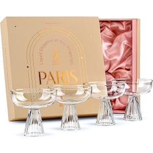 Paris Coupe Cocktail and Champagne Glasses for Daiquiri, Sidecar, Gimlet and Classic Bar Drinks | Modern Glassware Collection | Set of 4 | 8 oz Extra Light Contemporary Borosilicate Saucers