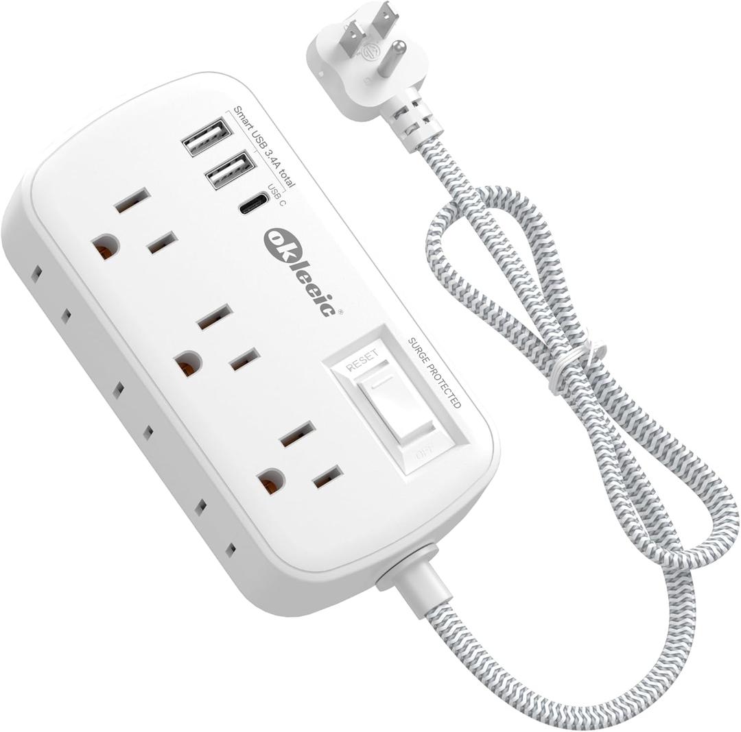 Short Extension Cord 2 Foot - Flat Plug Small Power Strip Surge Protetor with 6 Outlets 3 USB (5V/3.4A 17W) Charging Ports, Multi Plug Wall Outlet Splitter for Home Office Dorm Roomc, White