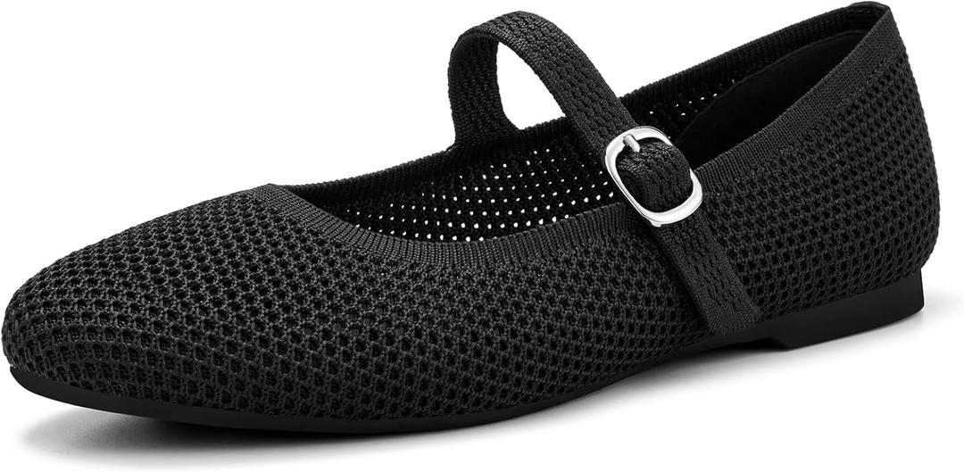 Tanamo Mary Jane Shoes Flats for Women Round Toe Shoes Ballet Flats Comfortable Dressy Adjustable Straps Casual Office Work Wedding Washable Knit Slip On (7.5, Black)