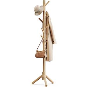 Pipishell Coat Rack Sturdy Wooden Coat Rack Stand, Adjustable Coat Tree, Free Standing Tree Hanger with 4 Sections & 8 Hooks, for Home/Bedroom/Office/Hallway/Entryway