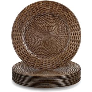 Novabright 12 Pcs Faux Rattan Charger Plates 13" Brown Table Chargers for Dinner Plates Round Plastic Rattan Placemats for Elegant Table Setting Party Wedding Decoration