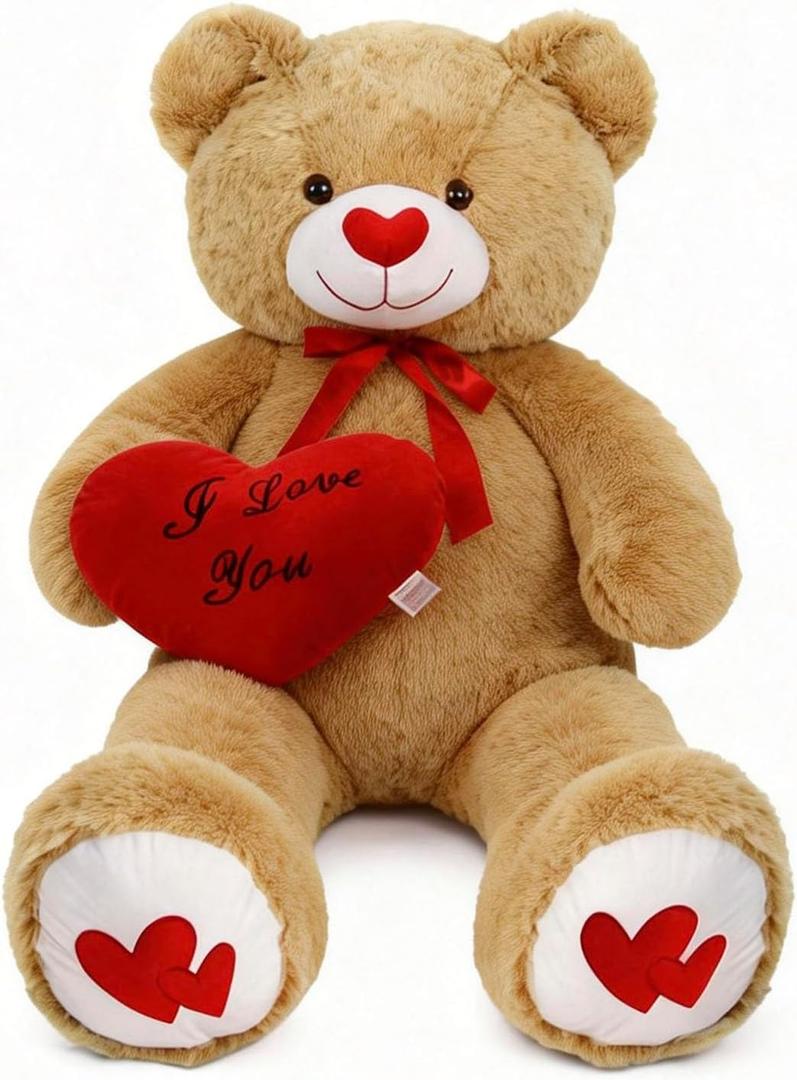 51.2 Inch Giant Teddy Bear with Soft Heart Pillow, Plush Stuffed Animal, Valentine's Day Gift (Light Brown, 51.2 Inch)