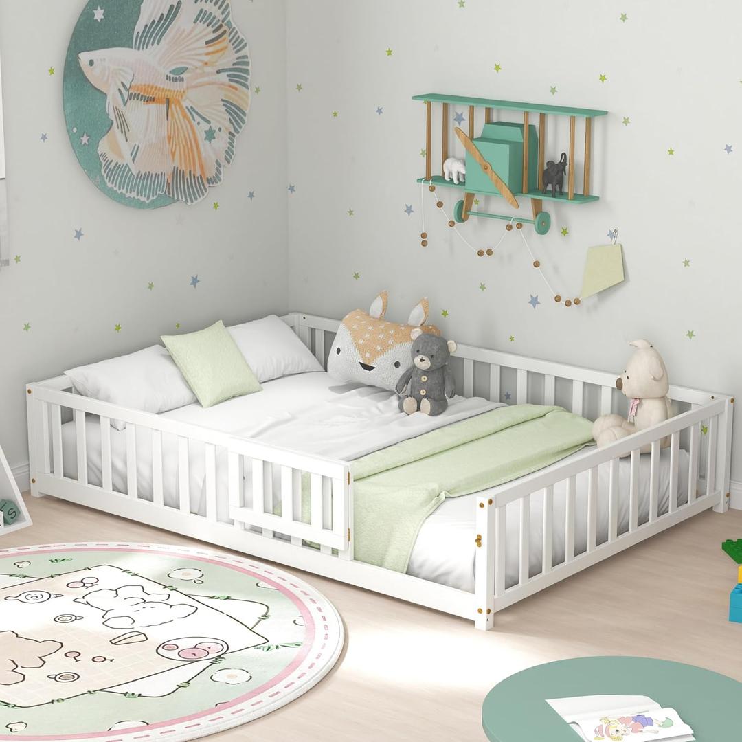 KOMFOTT Full Size Wood Floor Bed with Door & Fence, Montessori Bed Frame with Full Length Safety Guardrails, Slats Support, Door & Latch, Wooden Montessori Floor Bed, No Box Spring Needed (White)