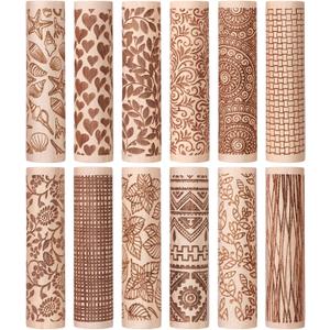 12 Pcs Clay Modeling Pattern Rollers Kit - Wooden Polymer Clay Texture Roller for Pottery, Ceramics & DIY Handcrafts