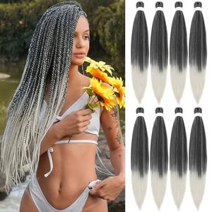 Braiding Hair Pre Stretched 24 Inch 8 Pack Braiding Hair Extensions Itch Free Soft Yaki Texture Hot Water Setting Synthetic Crochet Braids Hair For Women Girls (24Inch,1B/Sliver)