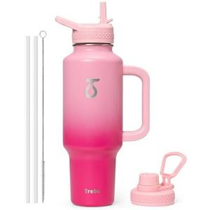 Trebo 40 oz Water Bottle Insulated with Handle, Leakproof Keep 24hrs Cold &Hot,Stainless Steel Travel Tumbler that Fits in Car Cup Holder with Straw Lids,Pink Reusable Water Bottles for women