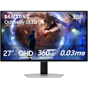 Samsung 27 Odyssey OLED G6 (G60SD) Series Gaming Monitor with QHD & QD-OLED, 360Hz 0.03ms, AMD FreeSync Premium Pro, Anti-Glare, Sleek Design, Cooling System, LS27DG602SNXZA