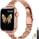 MioHHR Slim Metal Band Compatible with Apple Watch Band 42mm(Series 10) 41mm 40mm 38mm,Dressy Stainless Steel Chain Strap for Women iWatch Bands Series 9 8 7 6 5 4 3 2 1 SE,Rose Gold