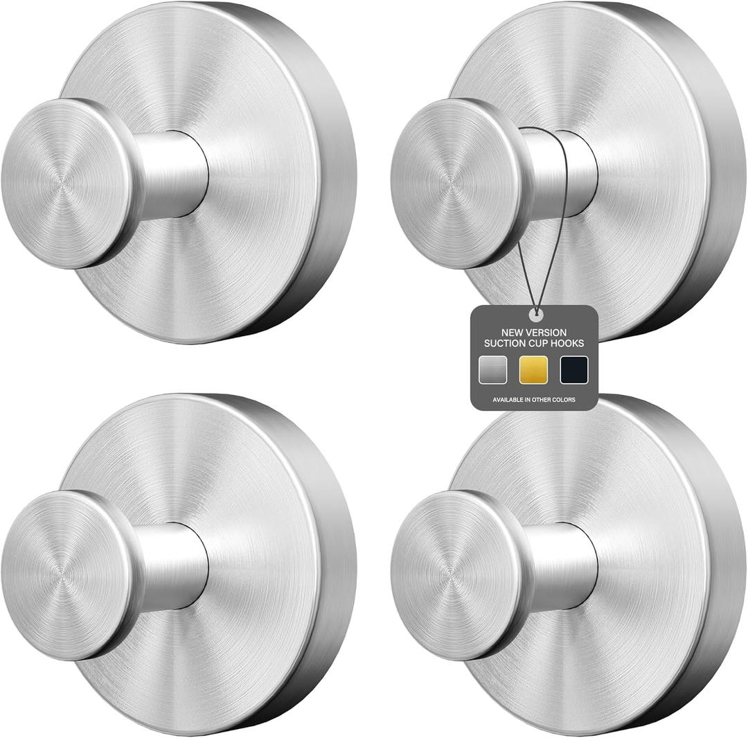 Fasbeu Silver Suction Cup Hooks for Shower Waterproof - No Drill Stainless Steel Towel Hooks for Bathroom Wall, Kitchen, Glass, Mirror, Tile - Ideal for Hanging Towels, Robes, and Loofahs(3 pcs)