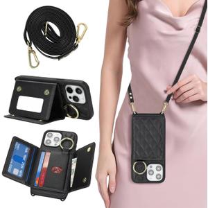 for iPhone 15 Pro Max Case with Card Holder and Strap for Women,Crossbody Lanyard, Make Up Mirror,Ring Stand,Snap Clasp,Cute Phone Wallet Cases 6.7 inch - Black