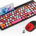 Retro Typewriter Wireless Keyboard with Round Keycaps, 2.4GHz Compact USB Cute Wireless Keyboard and Mouse Combo for Desktop, Laptop and Computer (Black-Colorful)