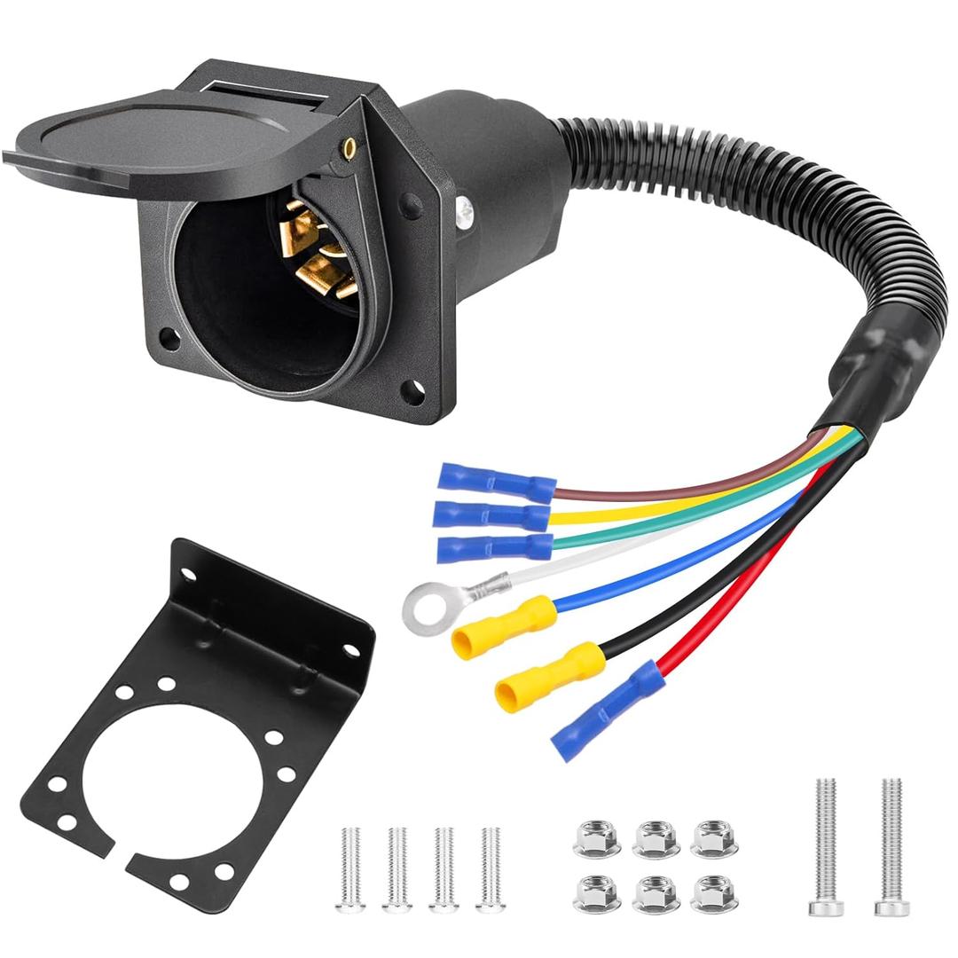 7 Pin Trailer Plug,7 Way Trailer Light Connector Socket, 7 Prong Electrical Truck End Wiring Harness Vehicle Side, 7 Pin Truck Plug Quick Converter with Mounting Bracket
