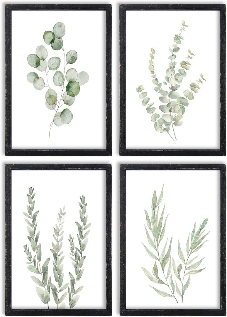 Botanical Wall Decor Sign 16x11 Inch Set of 4 Sage Green Plants Wood Framed For Bathroom Modren Bedroom Aesthetic Watercolor Laundry Room Art Wall Hanging (Black) (16L" x 11W")