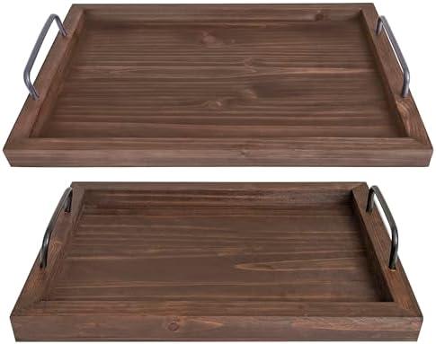 Besti Rustic Vintage Food Serving Trays (Set of 2) | Wooden Board w/Metal Handles | Stylish Farmhouse Decor Serving Platters | Small: 13.5" x 2 x 9.5, Large: 15.9" x 2" x 11.8" (Rustic Dark Brown)