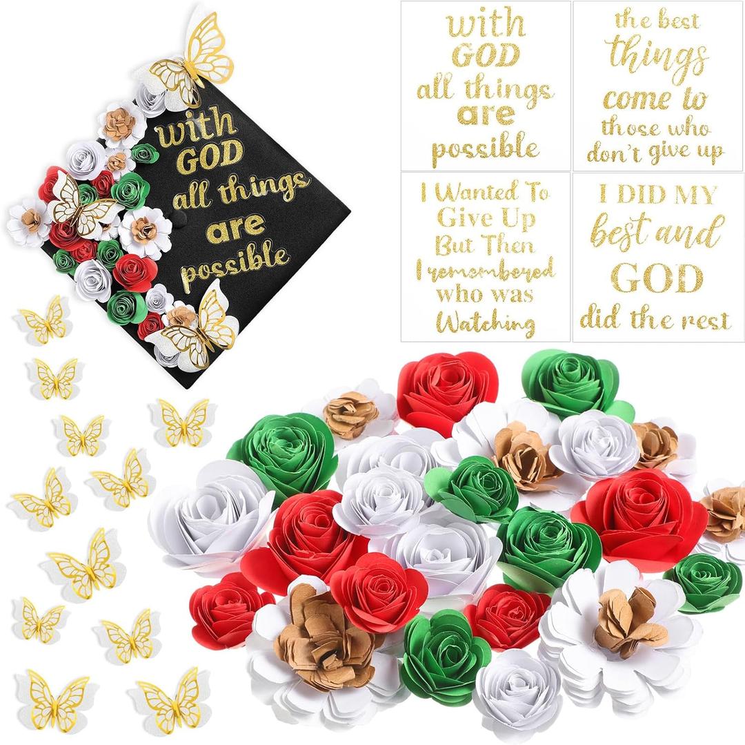 Feifeiya 40 Pcs DIY Graduation Cap Decoration Accessory Kit Include Faux Paper Flower Head Inspirational Graduation Quote Glitter Sticker 3D Butterfly DIY Kit for Grad Cap Gift(Gold)
