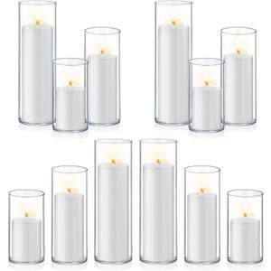 Homjoy 24 PCS White Pillar Candles with Glass Candle Holders Clear Hurricane Candle Holders Glass Cylinder Vases for Centerpieces Wedding Party, Event, Home Office (12 Candles+12 Candle Hoders)
